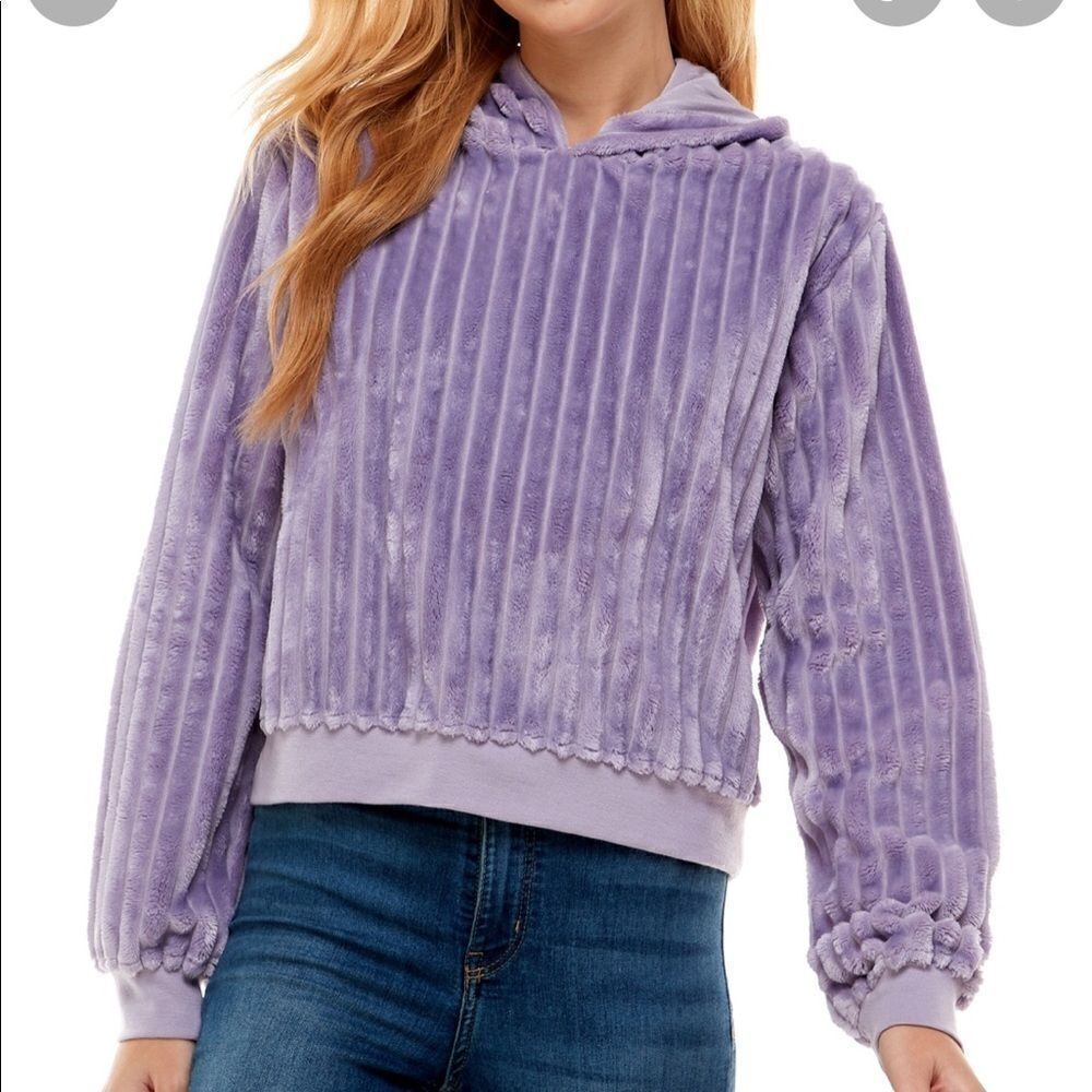 Derek Heart Purple Wisteria Faux Fur Striped Hoodie Sweater